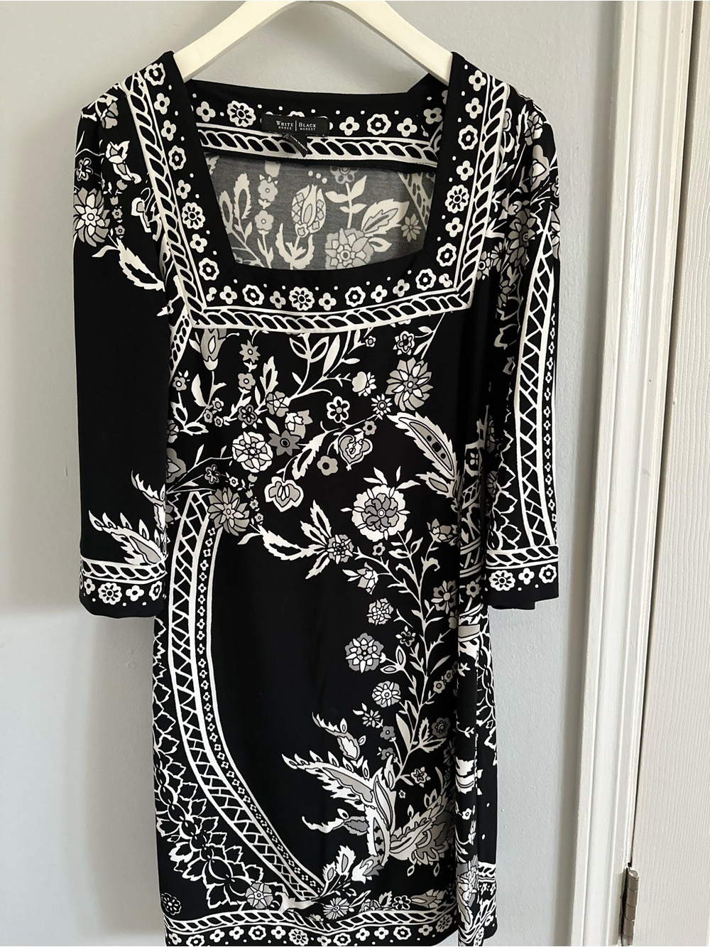 White House Black Market Black Dress with White Floral Border Print